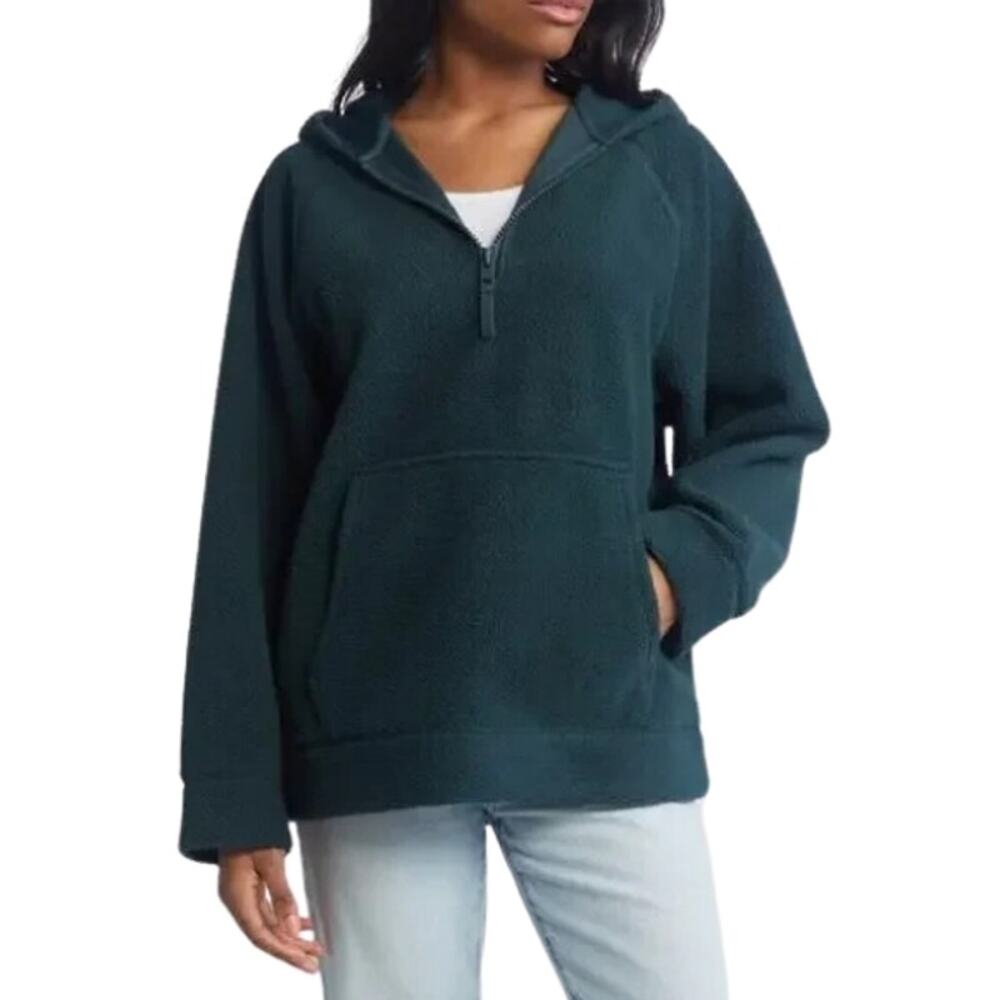Topshop Hoodie Jacket Long Sleeve 1/4 Zip Faux Fur Kangaroo Pocket Green W M NWT
